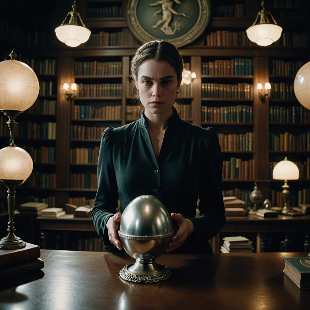 Woman with Silver Egg in Library: Cinematic Still