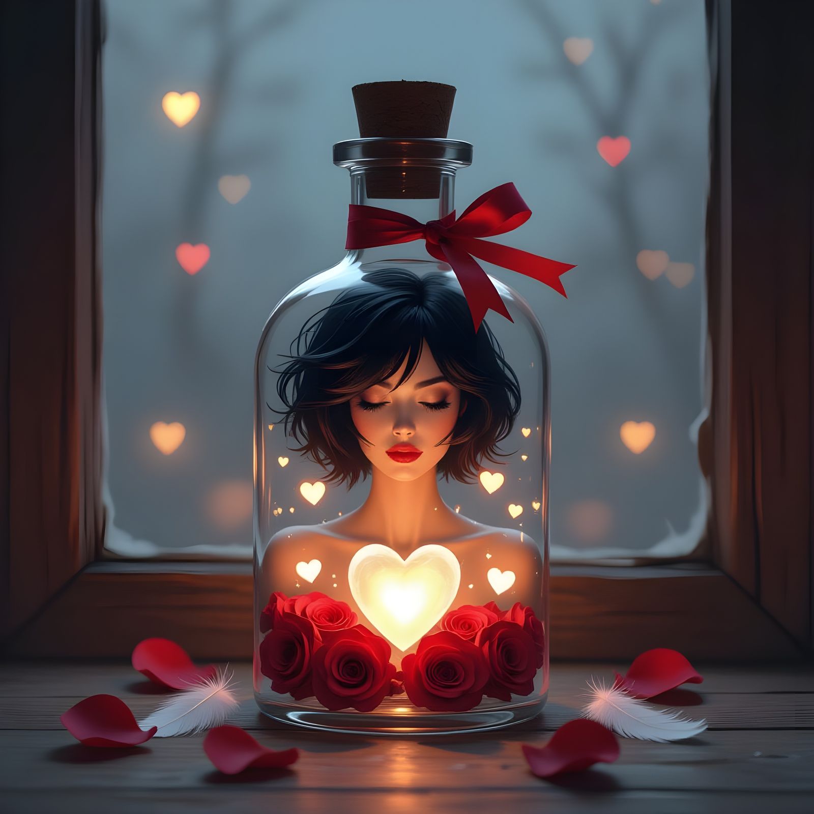 Ethereal Bioluminescent Hearts and Roses Inside Bottle