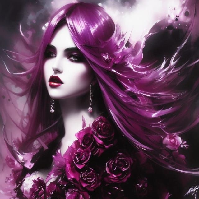 Gothic Ink Splash Art: Beautiful Purple Red Female
