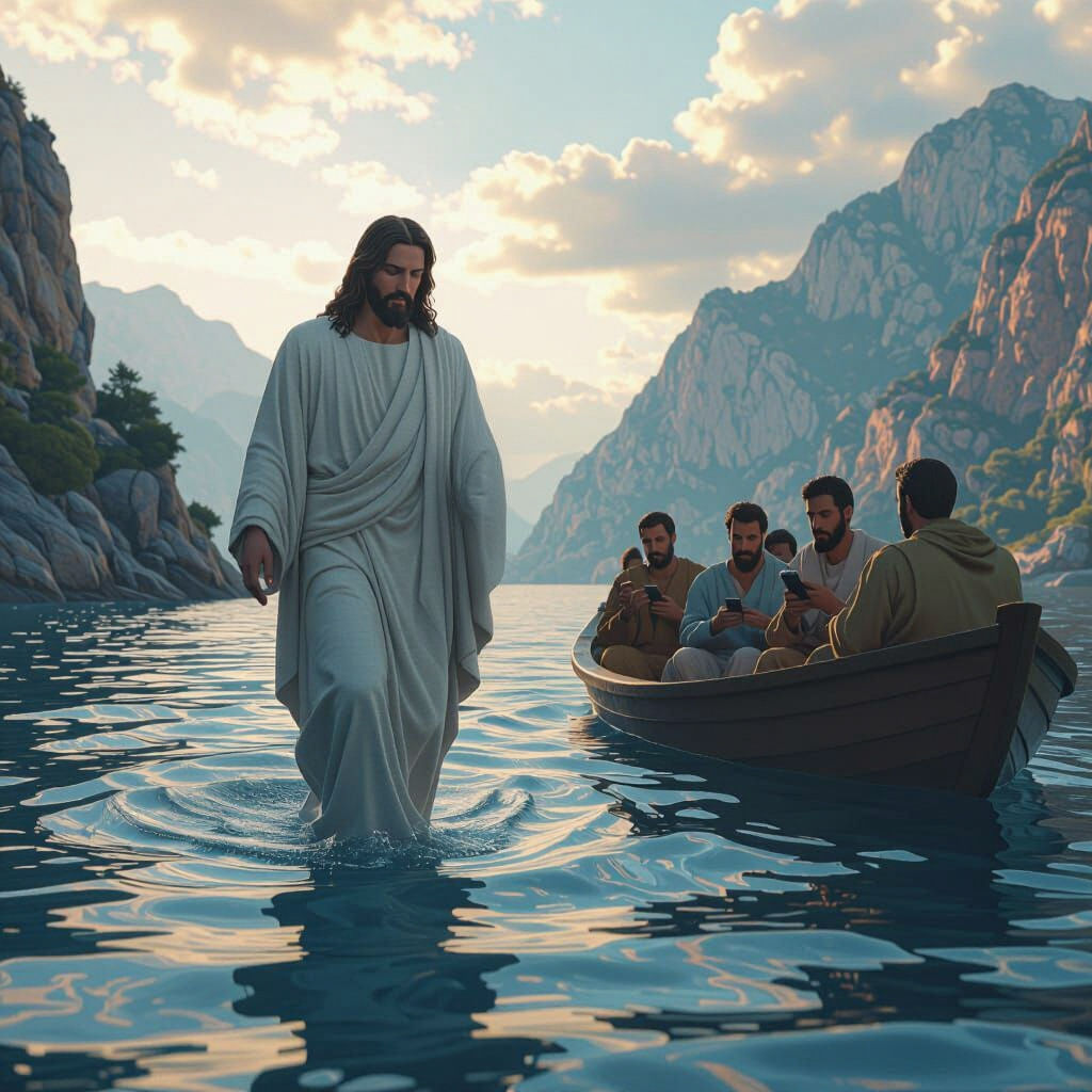 Jesus Walks on Water, Apostles Distracted by Phones