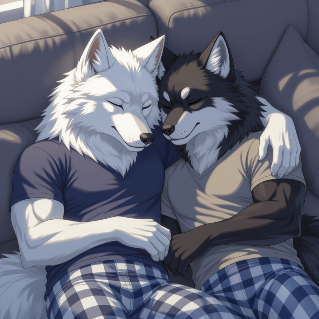 Muscular Wolves Cuddle on Couch in Anime Style