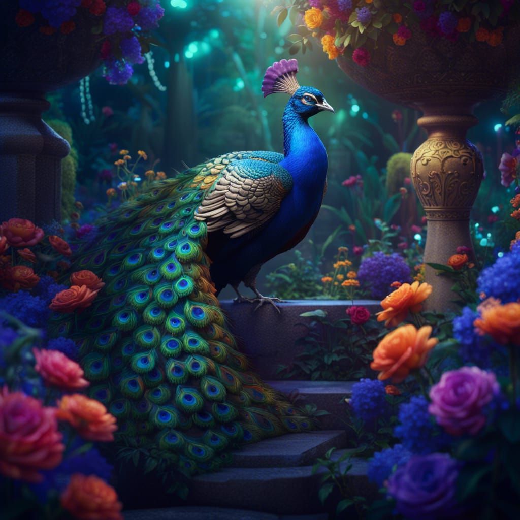 Peacocks in a Colorful Night Garden