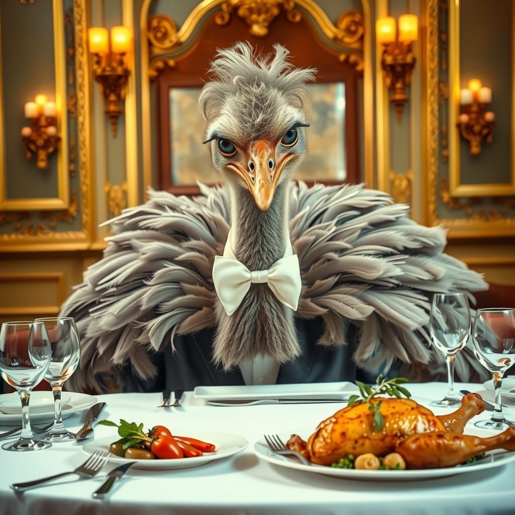Humorous Ostrich Dinner Scene in Macro Photography Style