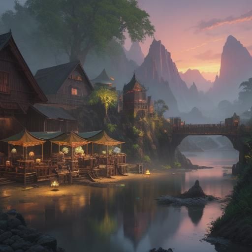 Fantasy Mage Market on Riverbank: Digital Matte Painting
