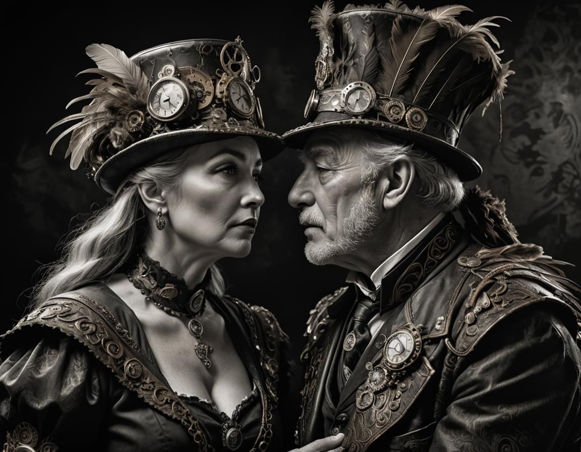 Steampunk Portrait: Senior Man Kissing Woman in Studio