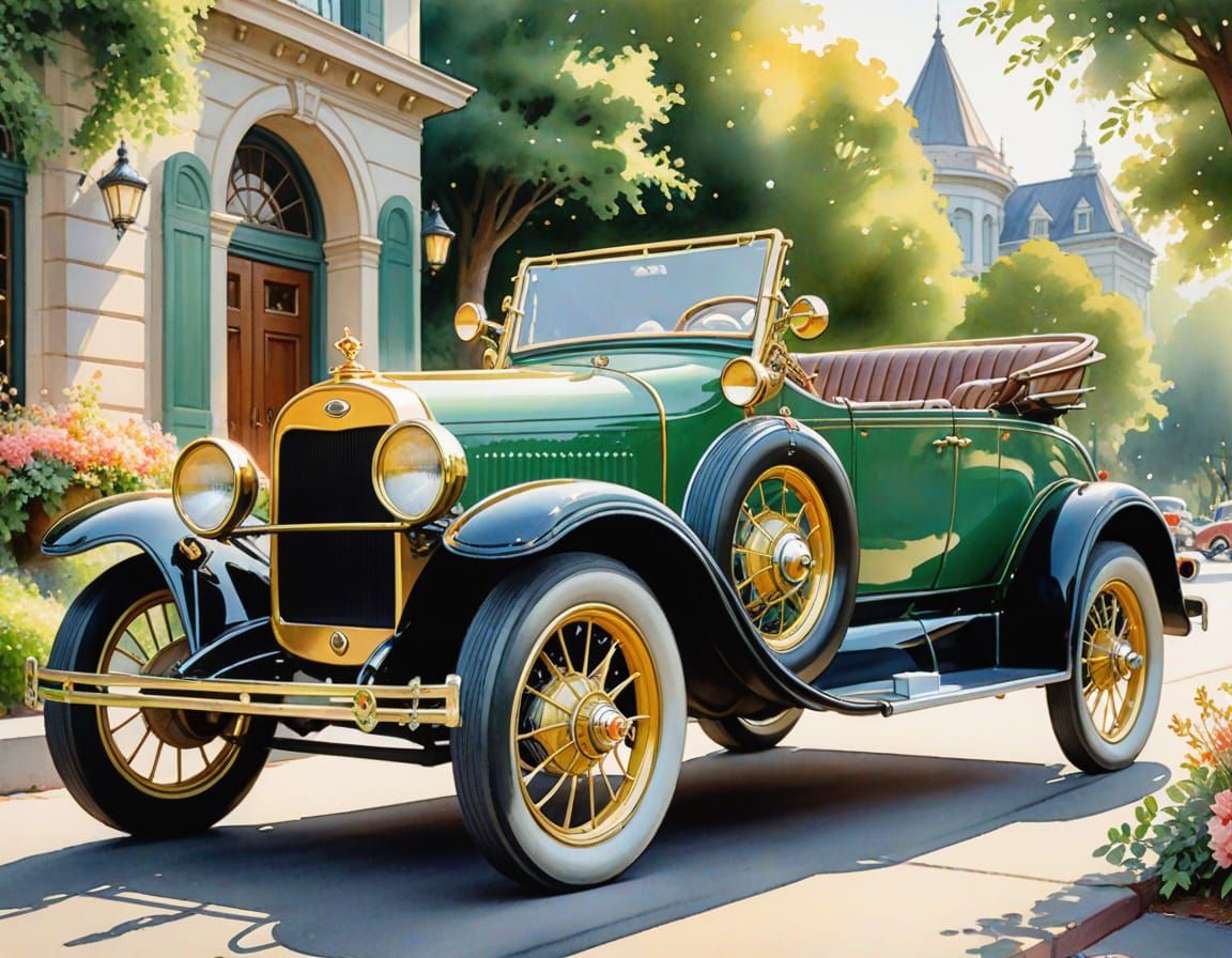 Serene Art Nouveau Scene with Vintage Roadster