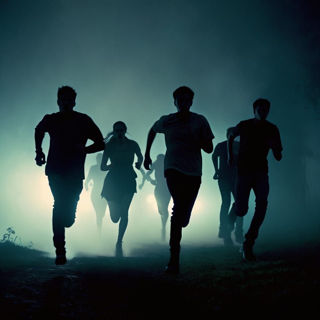 Teenagers Fleeing Shadow in Gothic Horror Scene
