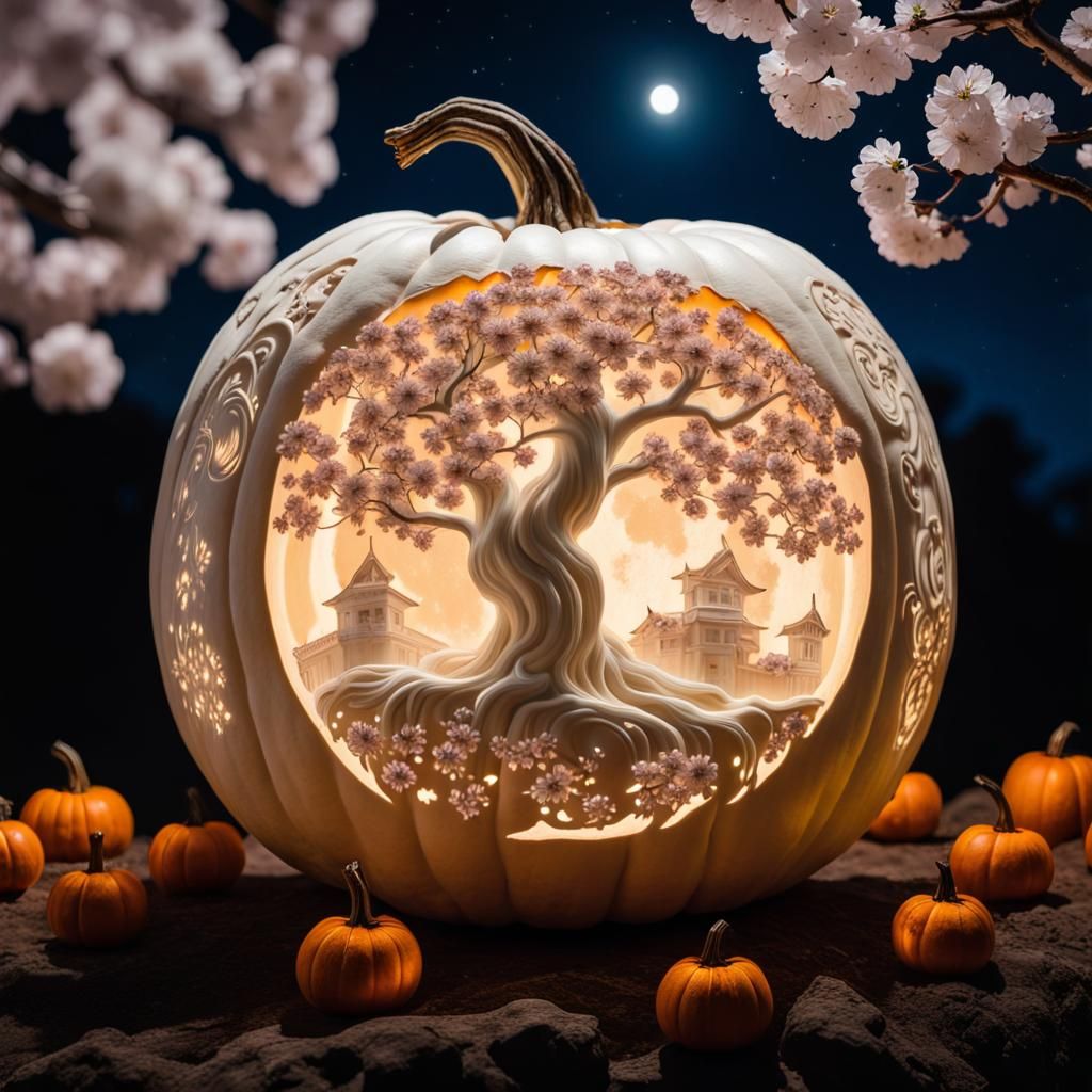 Cherry Blossom Jack-o'-Lantern Under Moonlight