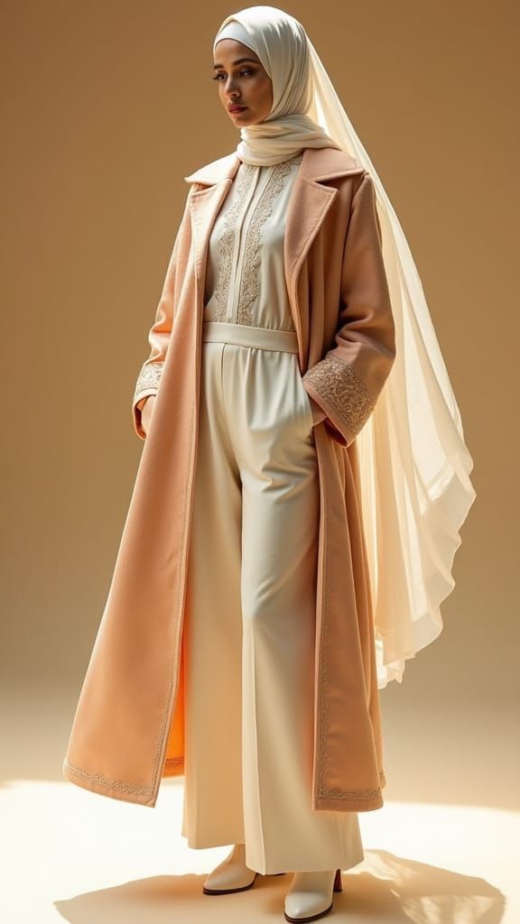 Elegant Arab Woman in Cream Coat and White Hijab