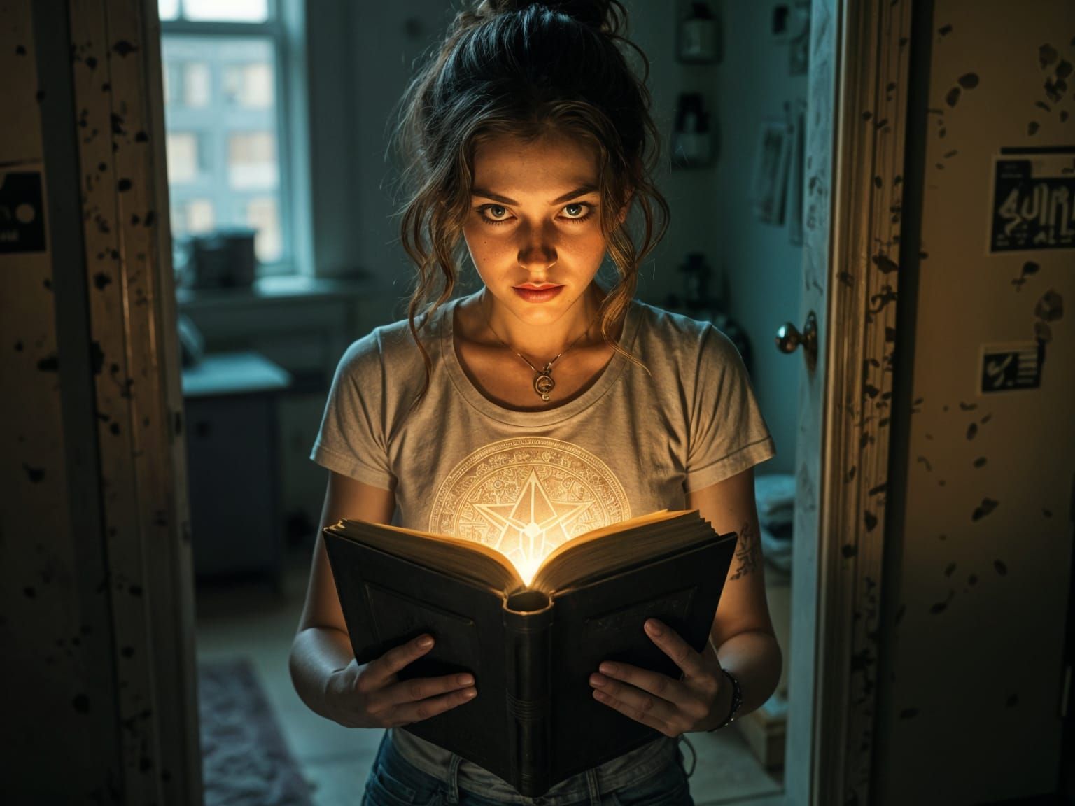 Woman with Glowing Book in Chaotic Apartment