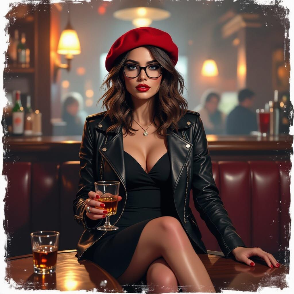 Drunk Woman Stumbles at Moody Bar in Neo-Noir Style