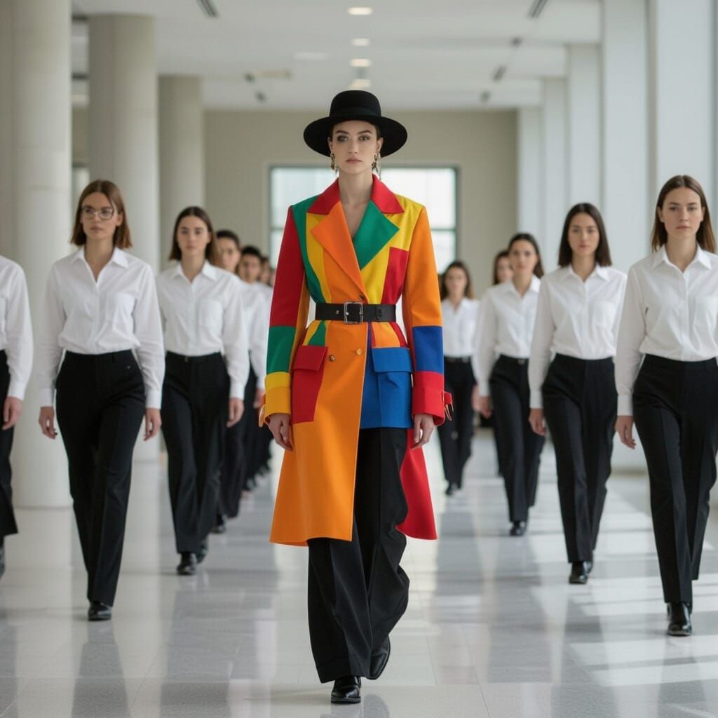 Colorful Figure Walks Through Office Hallway