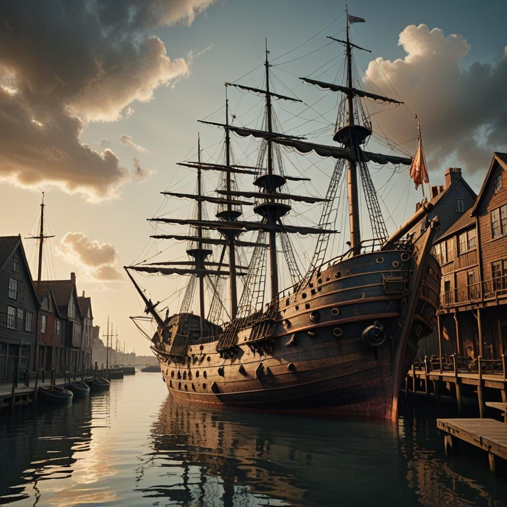 Galleon Ship Docked in Tudor Harbor