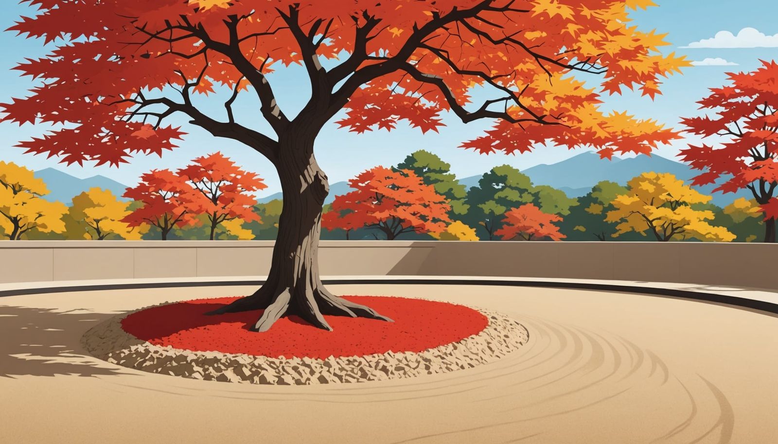 Vibrant Maple Tree in Zen Garden, Japanese Art Style
