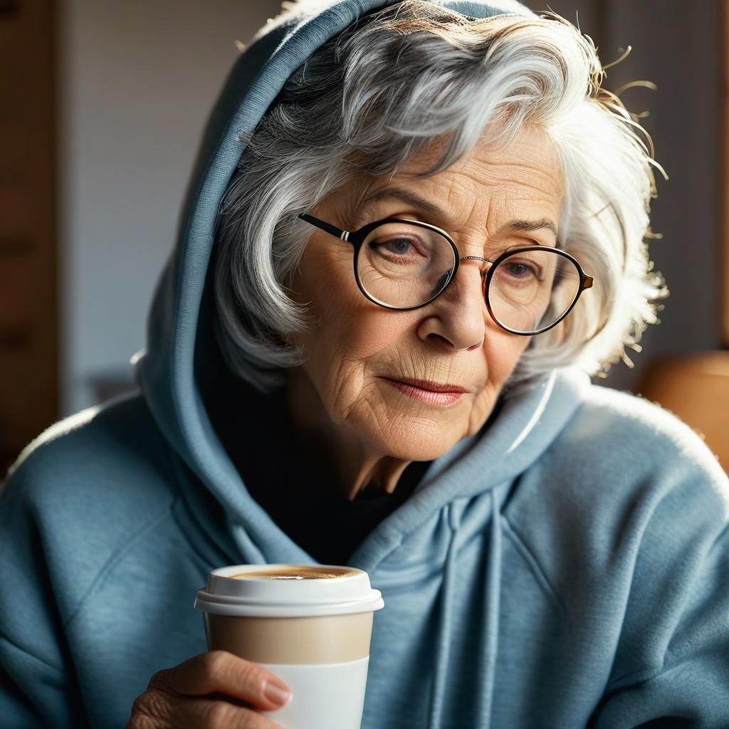 Senior Woman Drinking Coffee in Photorealistic Style