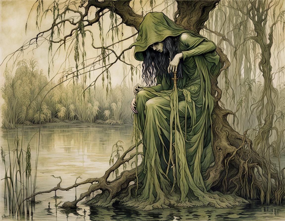 Swamp Witch Illustration in Arthur Rackham Style