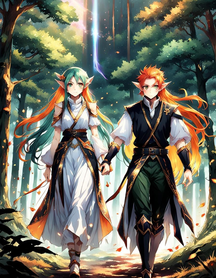Elves Walking in the Woods, in Anime Style
