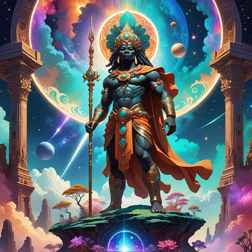 African God on Floating Island in Art Nouveau Style