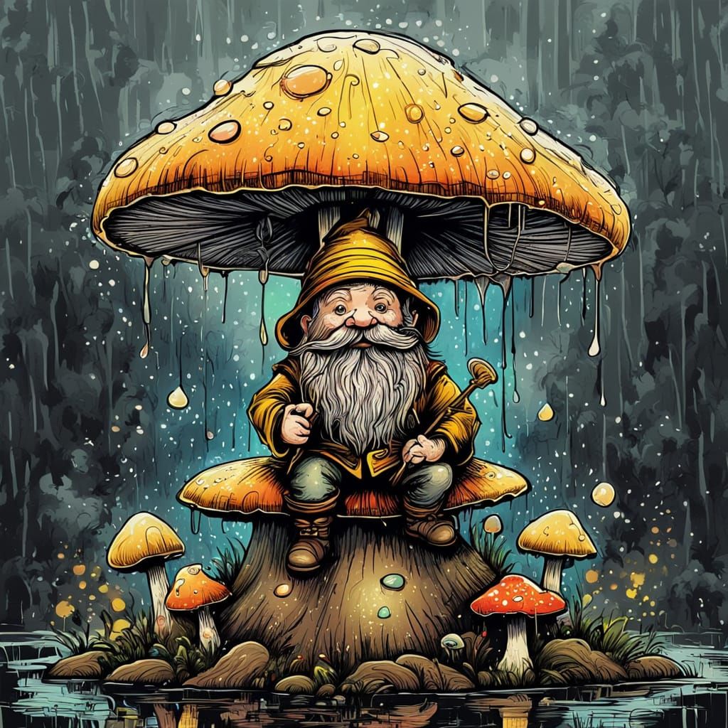 Whimsical Dwarf on Mushroom in Rainy Fantasy Art