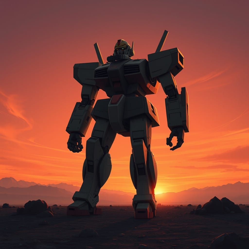 Giant Robot Piloted by a Brave Adventurer at Sunset