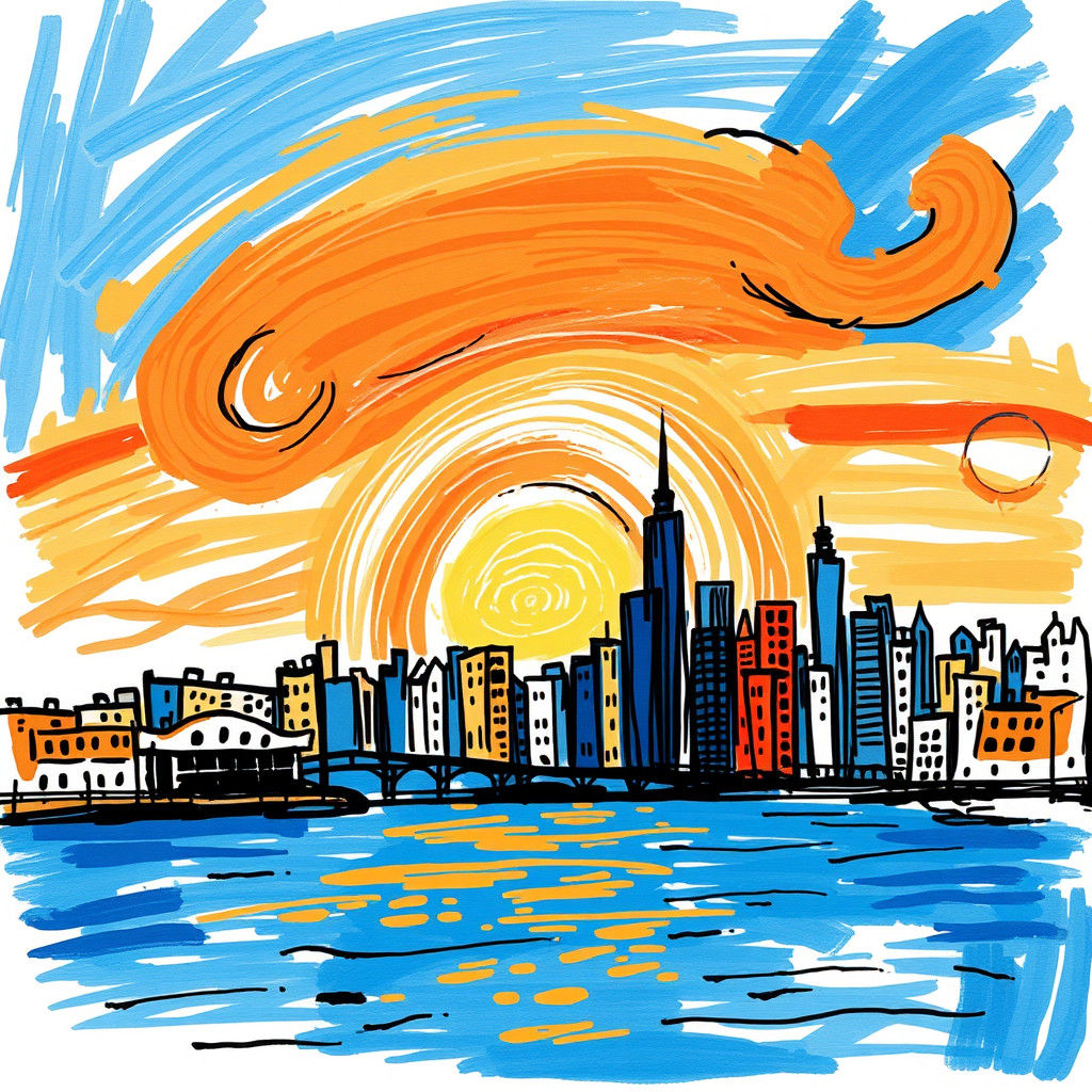 Vibrant Sunrise Over Metropolis in Post-Impressionist Style