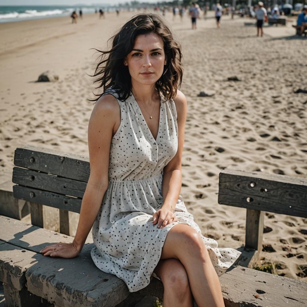 Woman in Summer Dress on Beach Bench Portrait