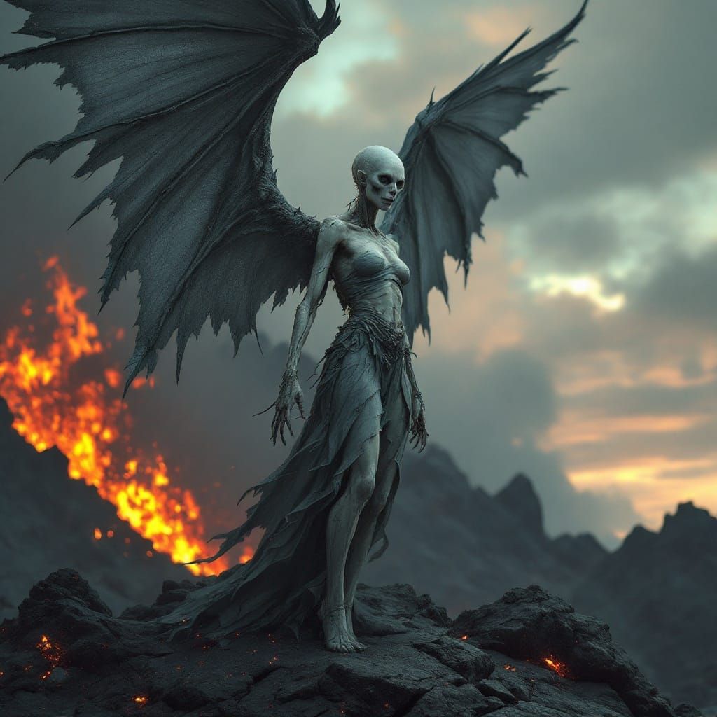 Angel of Despair amidst Erupting Volcano