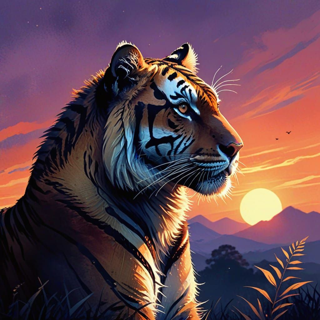 Fantasy Tiger Silhouette Amidst Vibrant Sunset