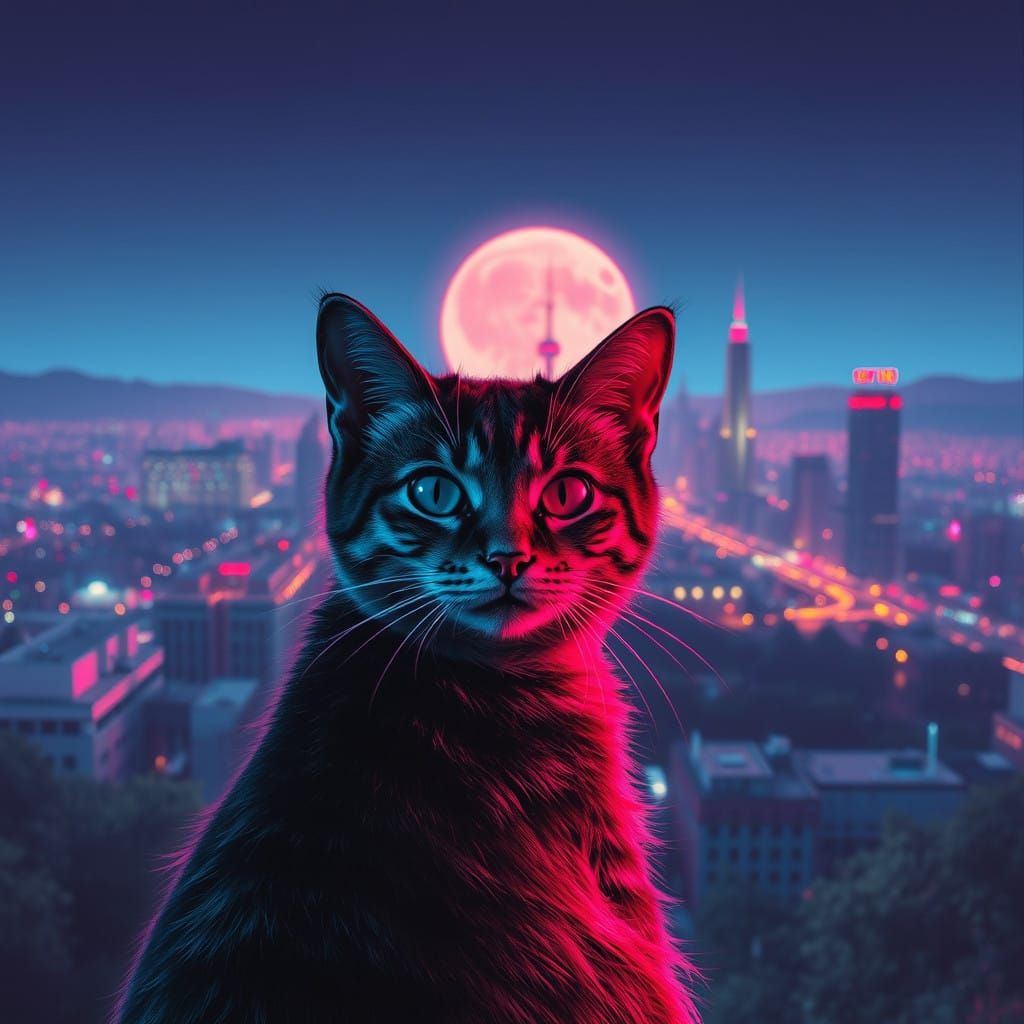 Retro Futuristic Cat Soars Amidst Neon Landscape