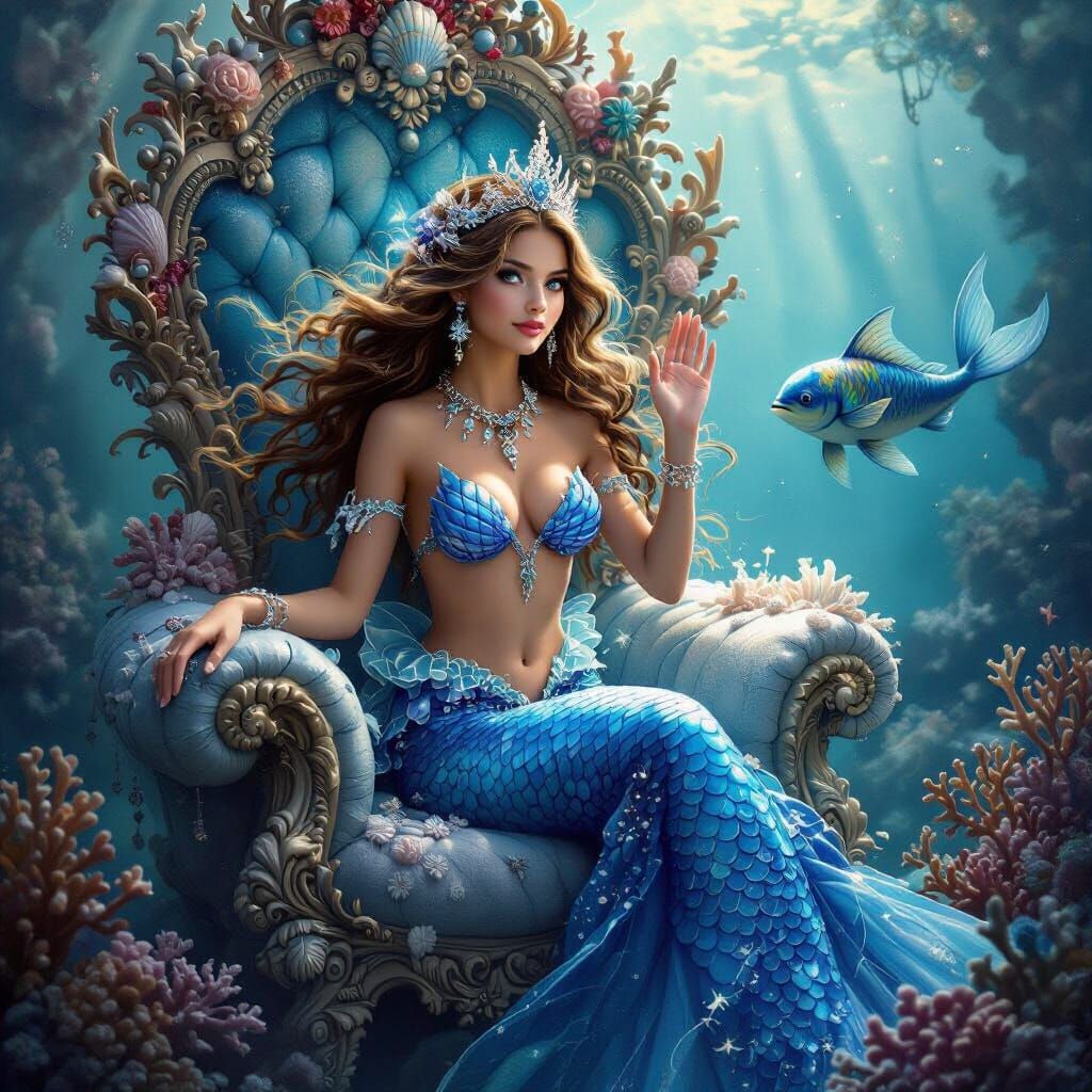 Mermaid Princess on Coral Throne in Dreamy Fantasy Art