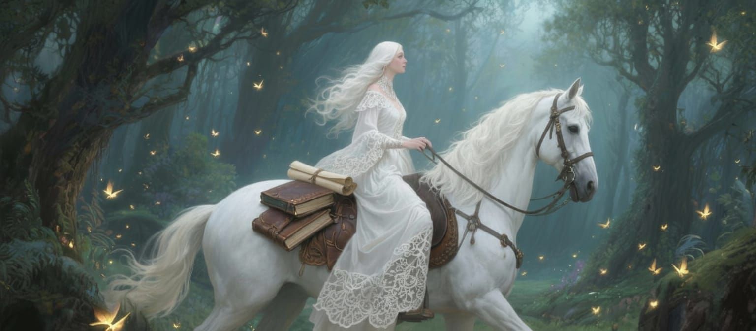 White Haired Woman on Horse in Enchanted Forest