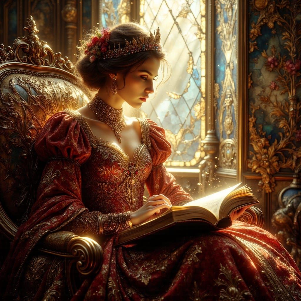 Medieval Queen Reads in Opulent Study