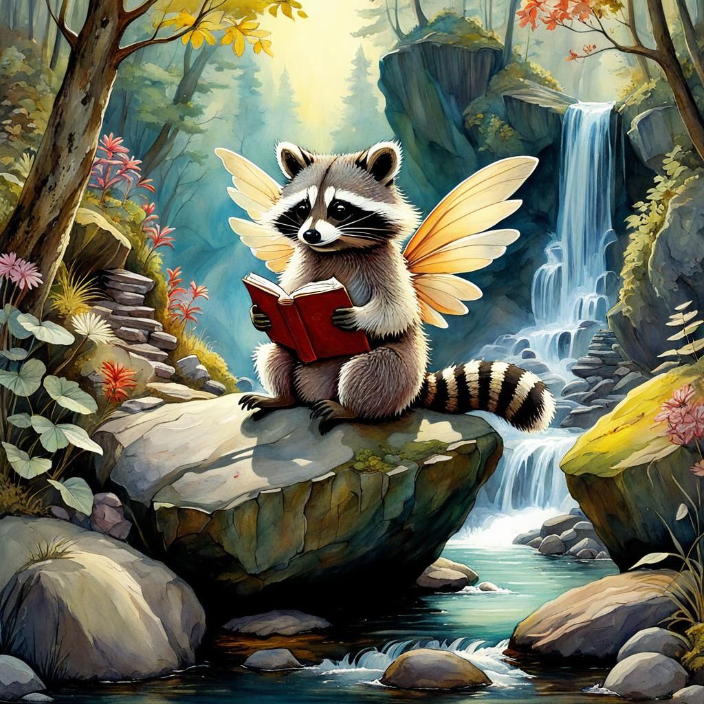 Whimsical Raccoon Reads in Fairy Forest