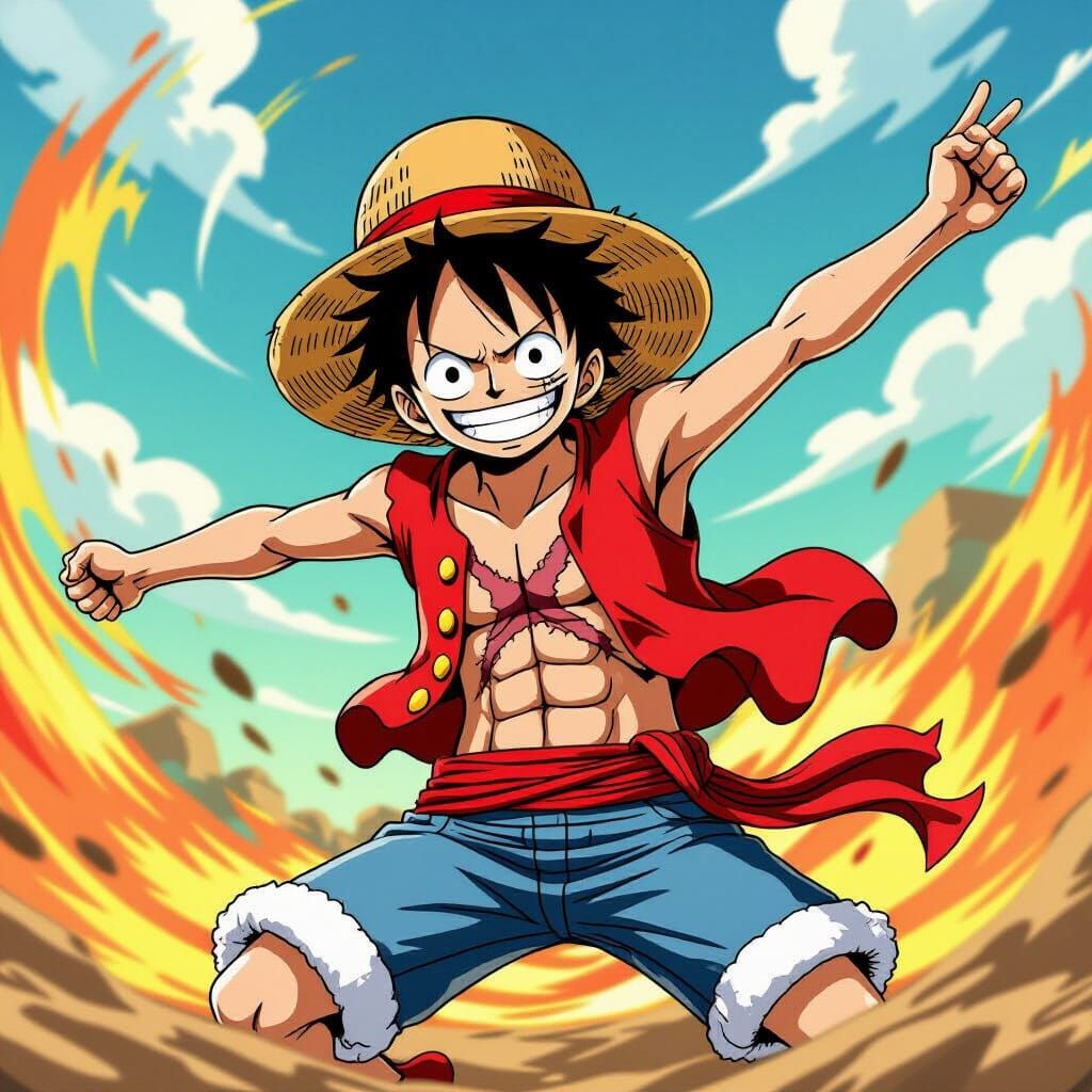 Luffy in Epic Battle Scene, Vibrant Anime Style