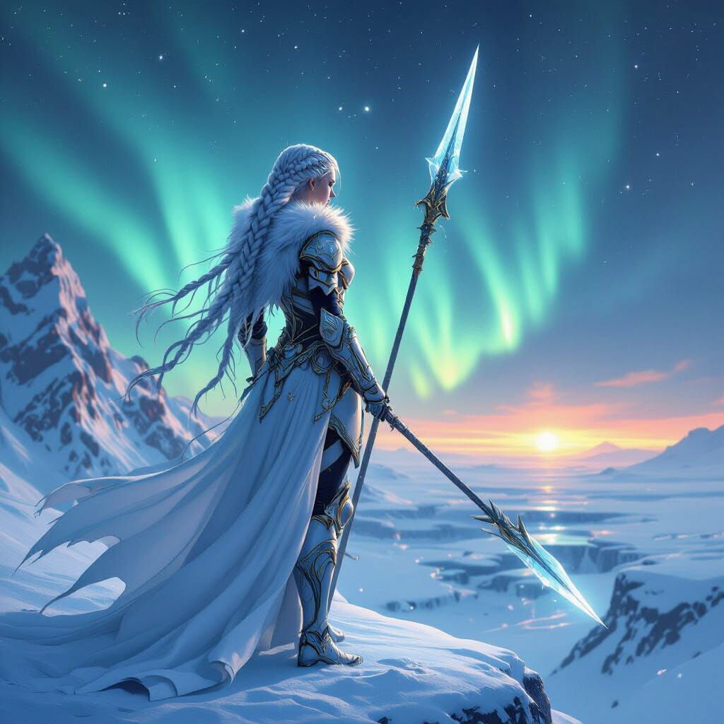 Celestial Valkyrie Over Frozen Wasteland in Hyperrealistic S...