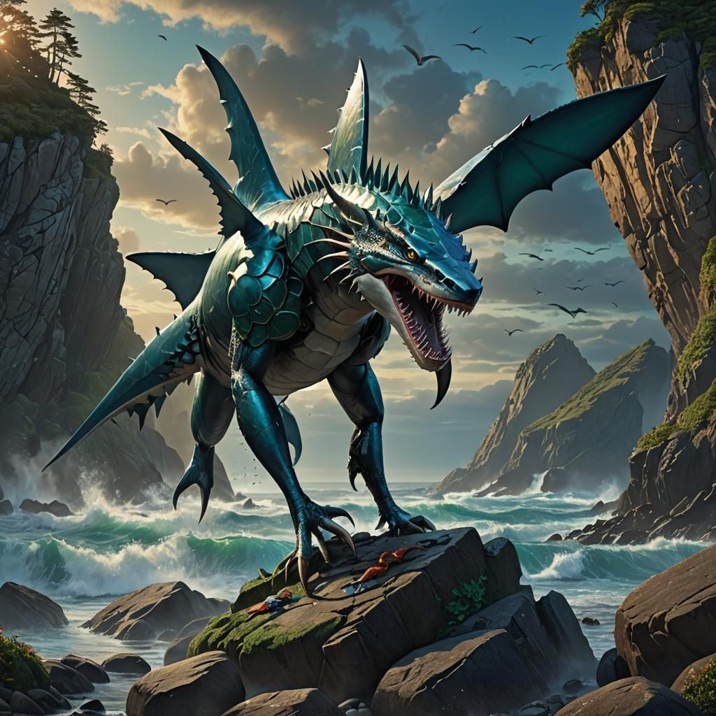 Shark-Eagle-Crab Hybrid on Rocky Coastline