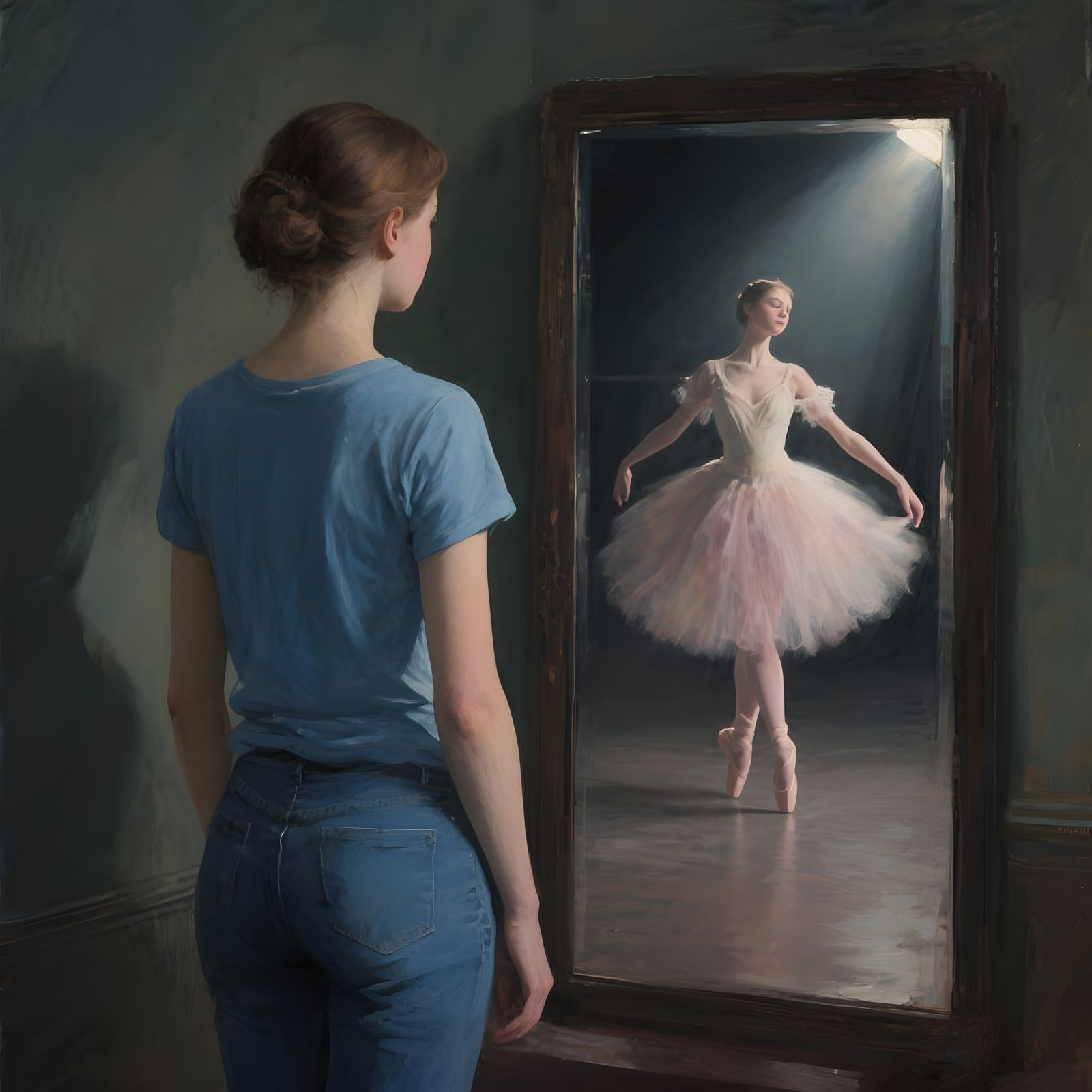 Woman Sees Ballerina Reflection in Mirror