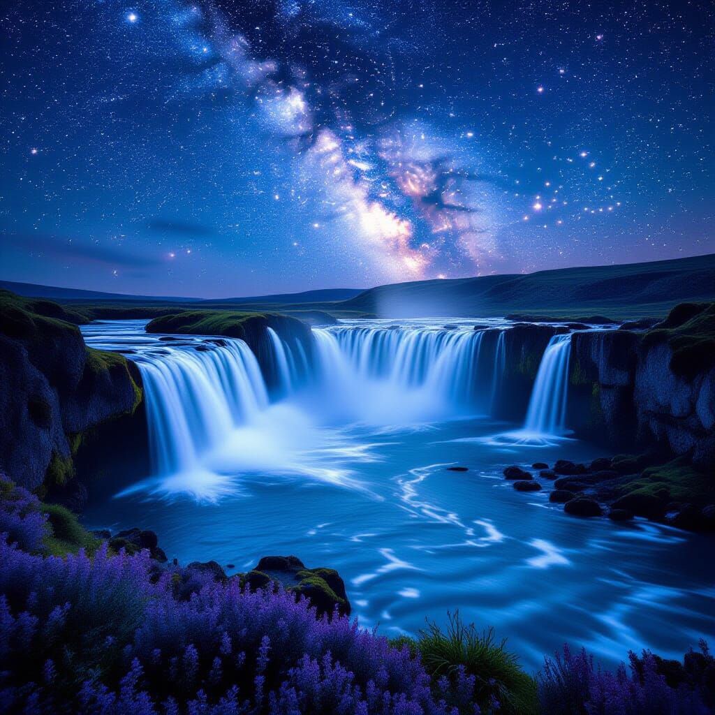 Sparkling Waterfall Landscape at Night with Stars