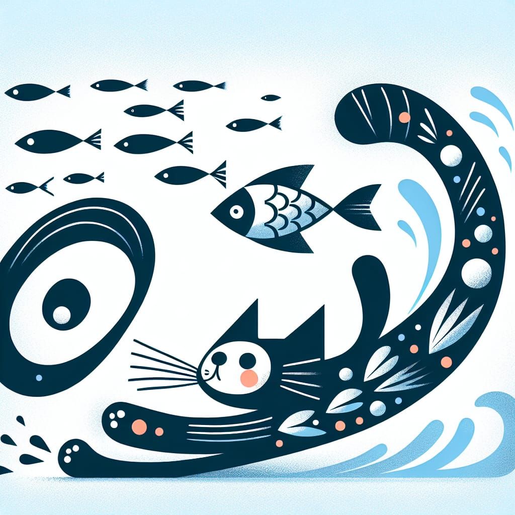 Whimsical Cartoon Cat Chasing Fish