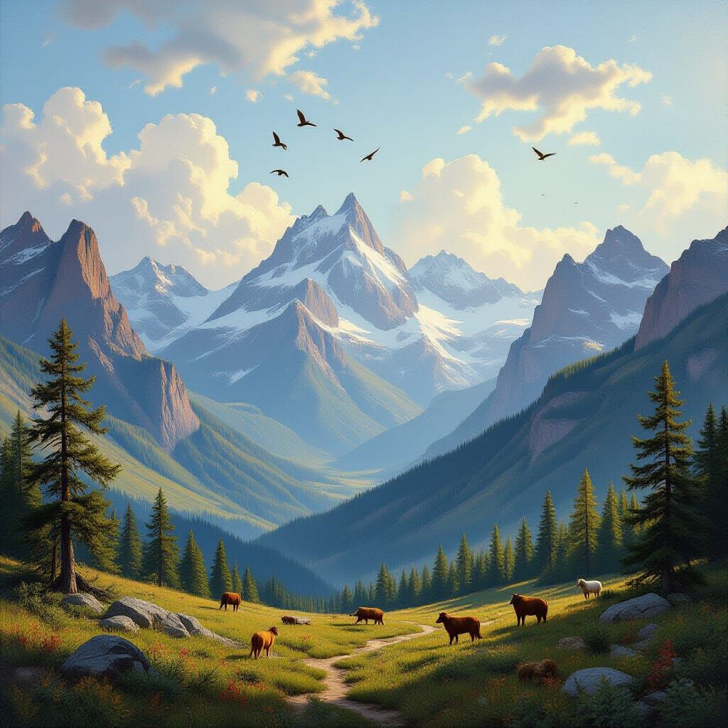 Vast Mountain Landscape in Antique Oil Painting Style