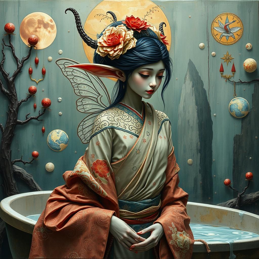 Geisha Fairy Elf in Dystopian Trompe L'oeil Style