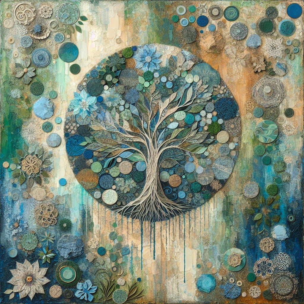 Blue Tree Collage with Gold Accents