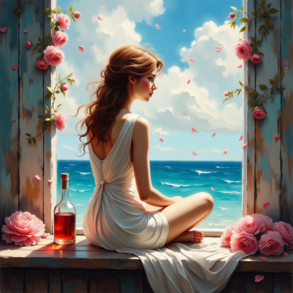 Dreamy Impressionist Oil Painting of Woman Gazing at Ocean