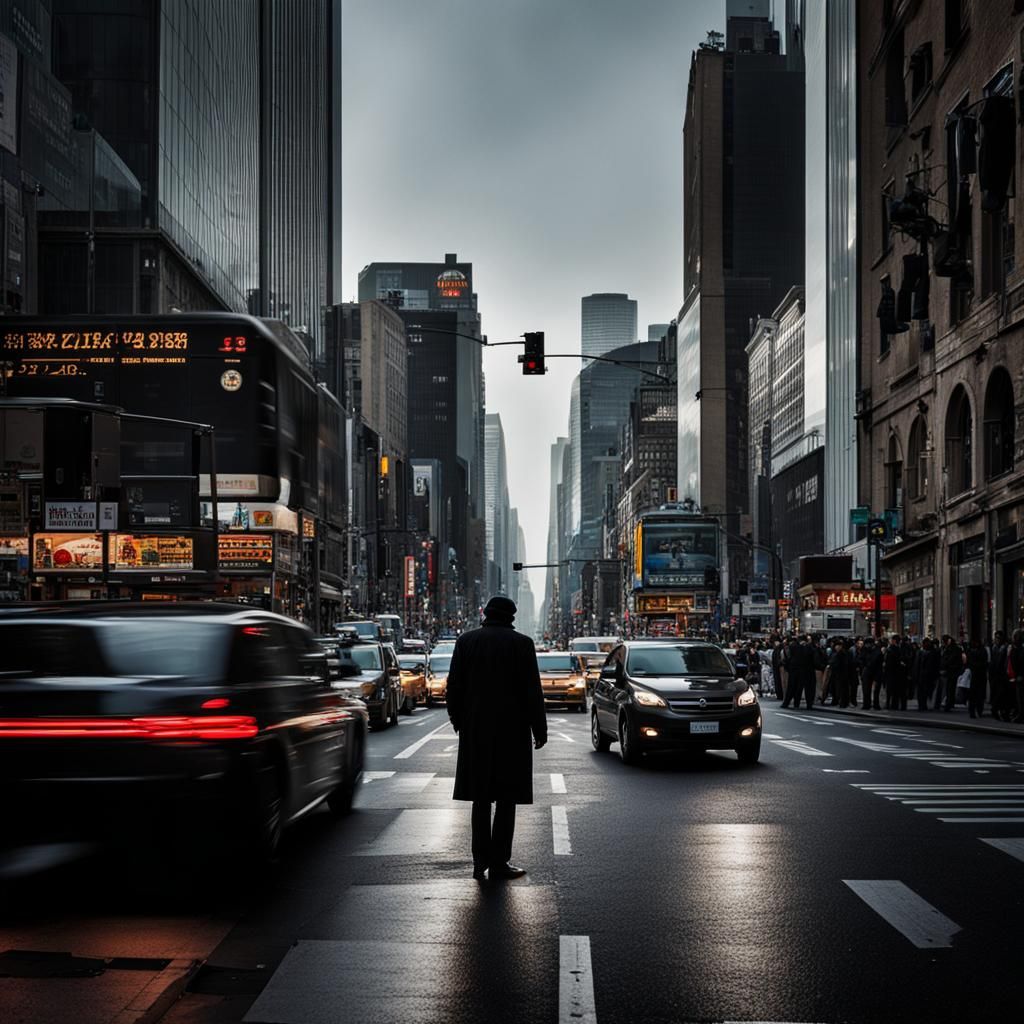 Lonely Figure in Bustling Cityscape at Night