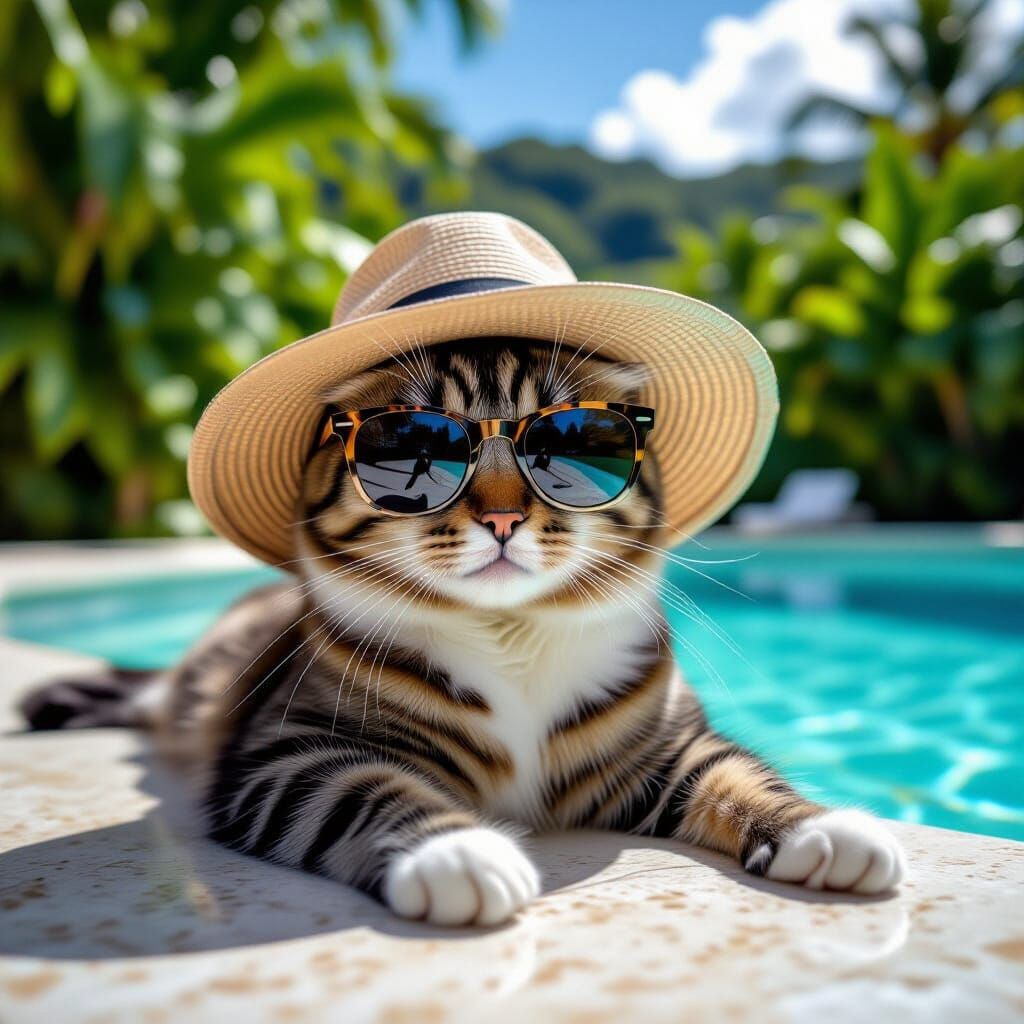 Cat in Sunglasses Lounging by Pool in Photorealistic Style
