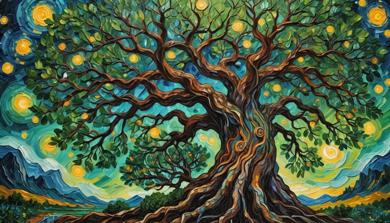 Glowing World Tree Yggdrasil: Impasto Painting