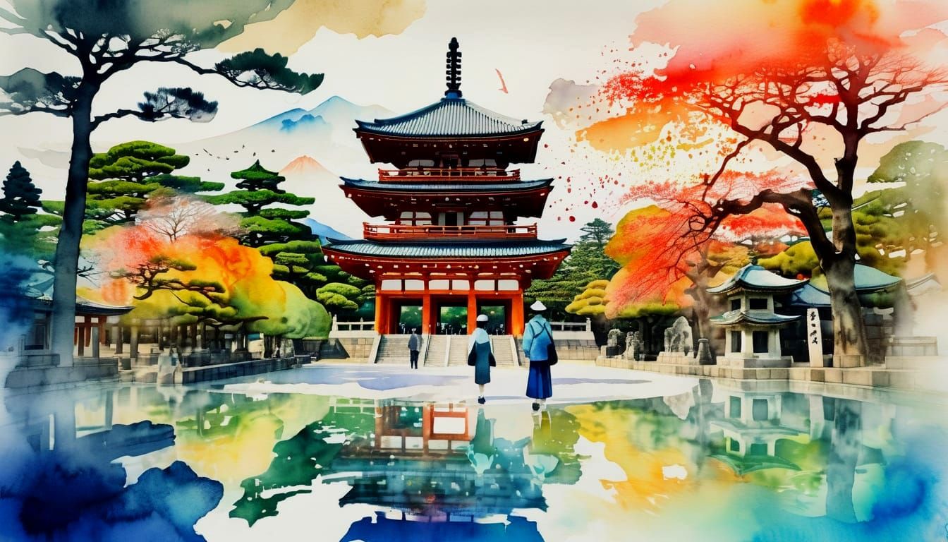 3D Double Exposure: Serene Japanese Scenes with Figures