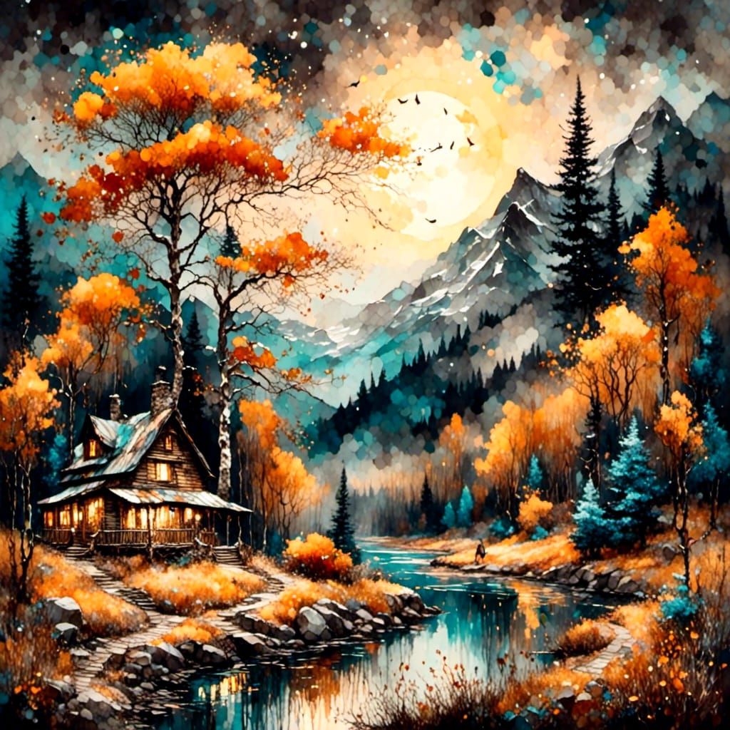 Iridescent Mountain Valley at Night in Kinkade Style