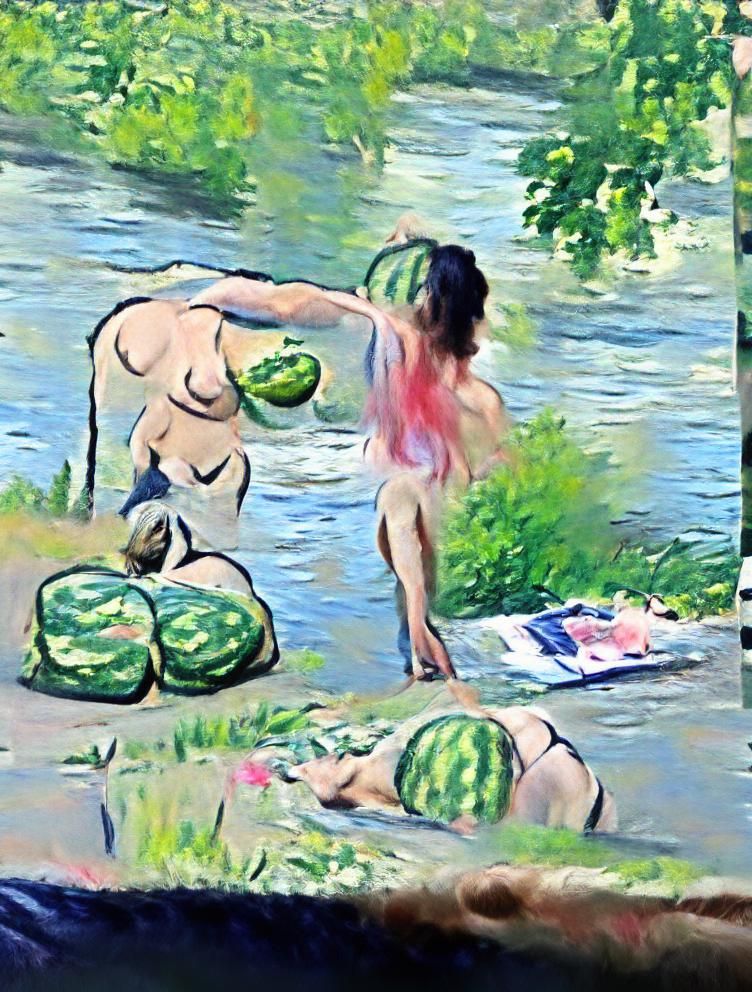 Impressionist Woman Picking Watermelons by River