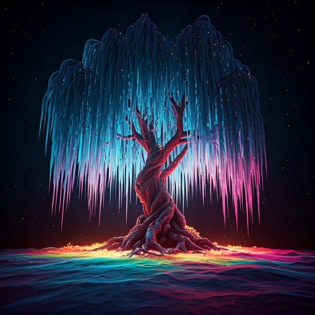 Ethereal Willow Tree of Wonder in Vibrant Neon Hues